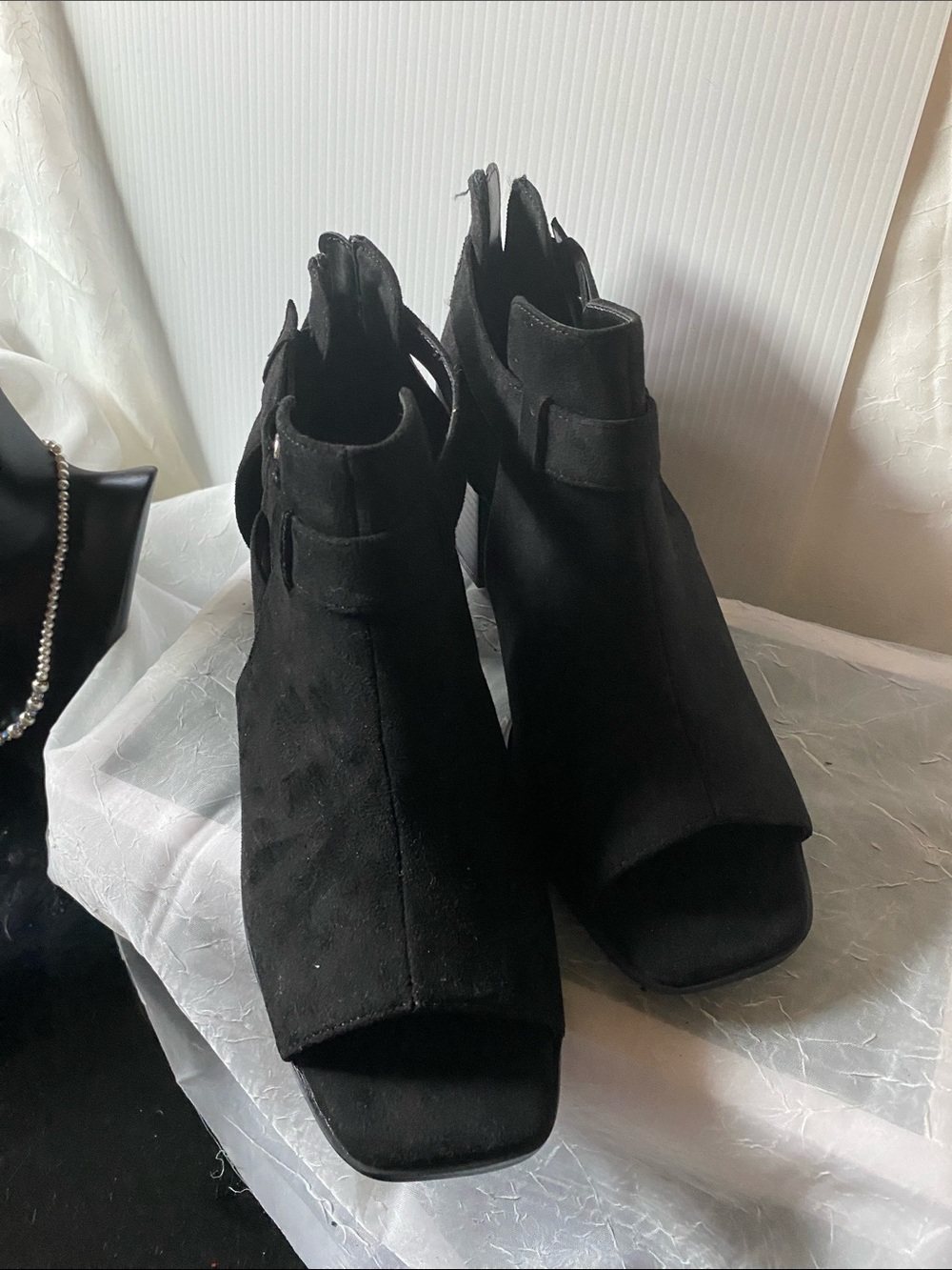 Open-Toe Black Suede Ankle Heeled Boots
